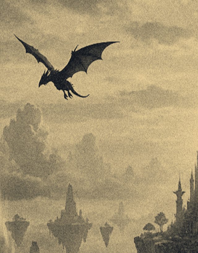 Detail eines gemalten Bildes: ein Drache über dem schwebenden Schloss