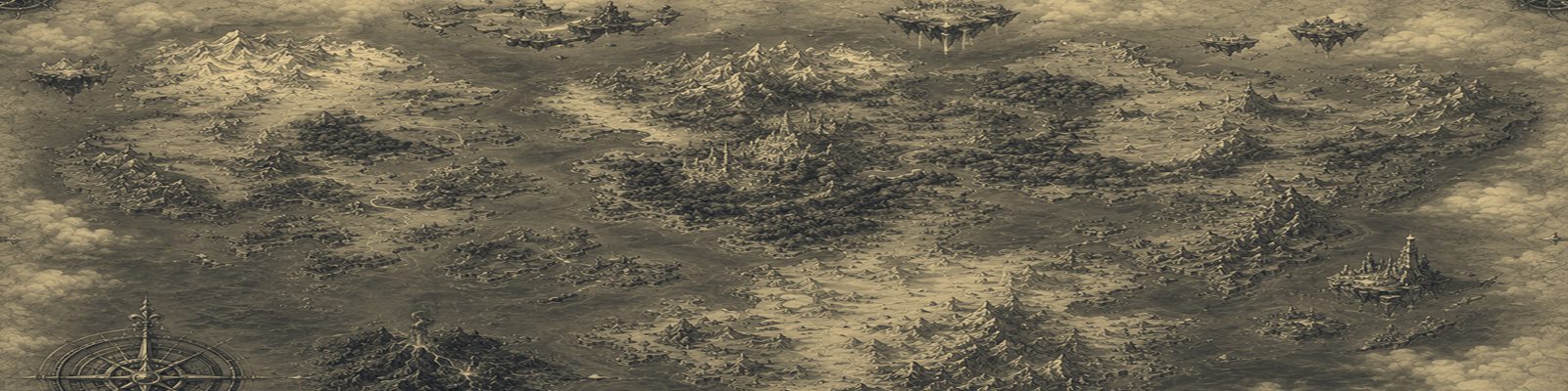 Die gezeichnete Weltkarte von Lumenia — Inseln und Meere über dem Wolkenmeer