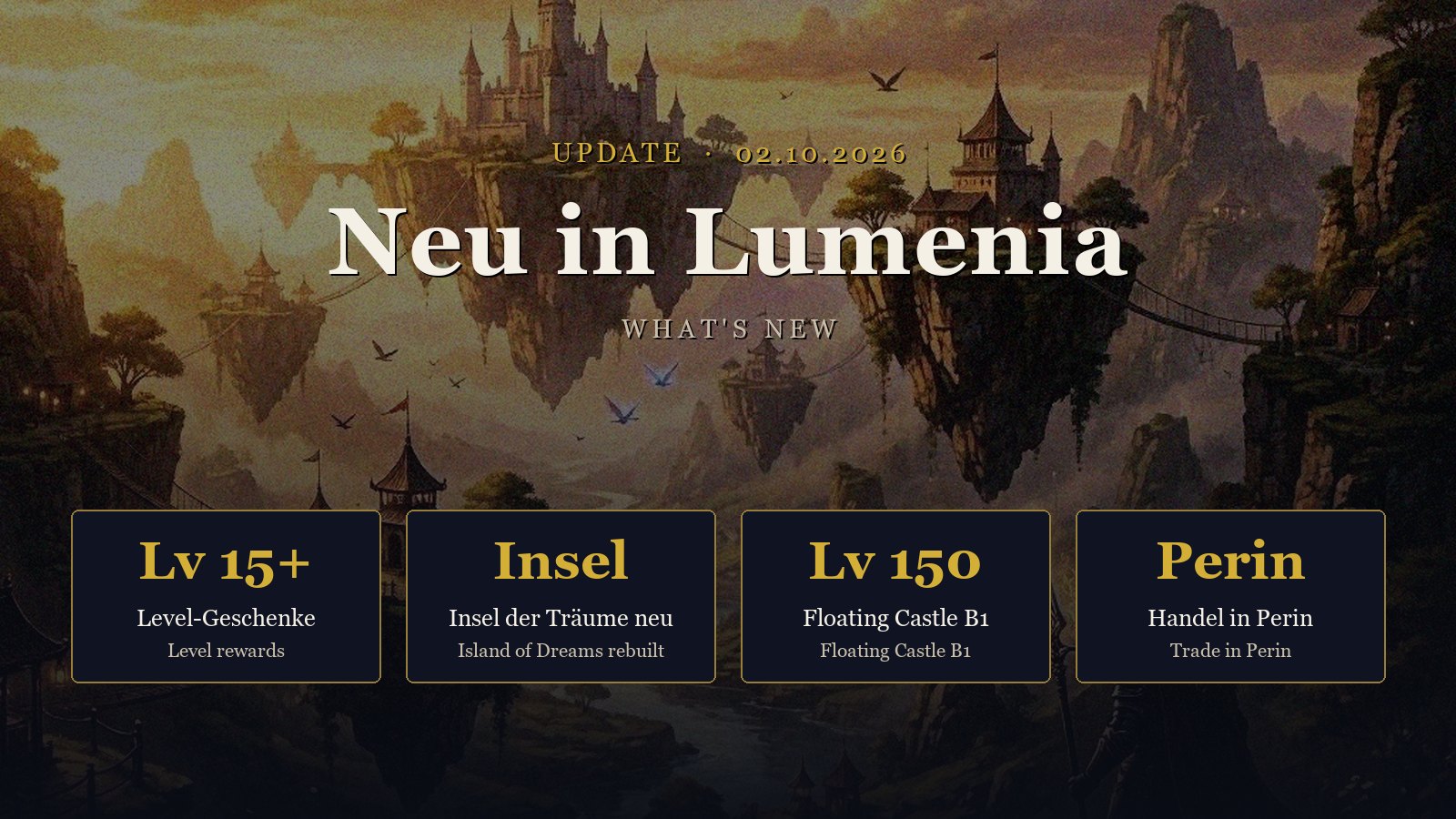 Neu in Lumenia – Level-Geschenke, Insel der Träume, Floating Castle B1, Handel in Perin