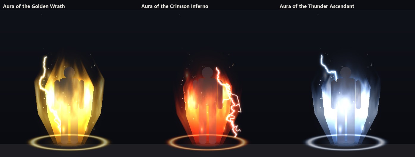 Vorschau der drei Auren Golden Wrath, Crimson Inferno und Thunder Ascendant mit Flammen und Blitzen