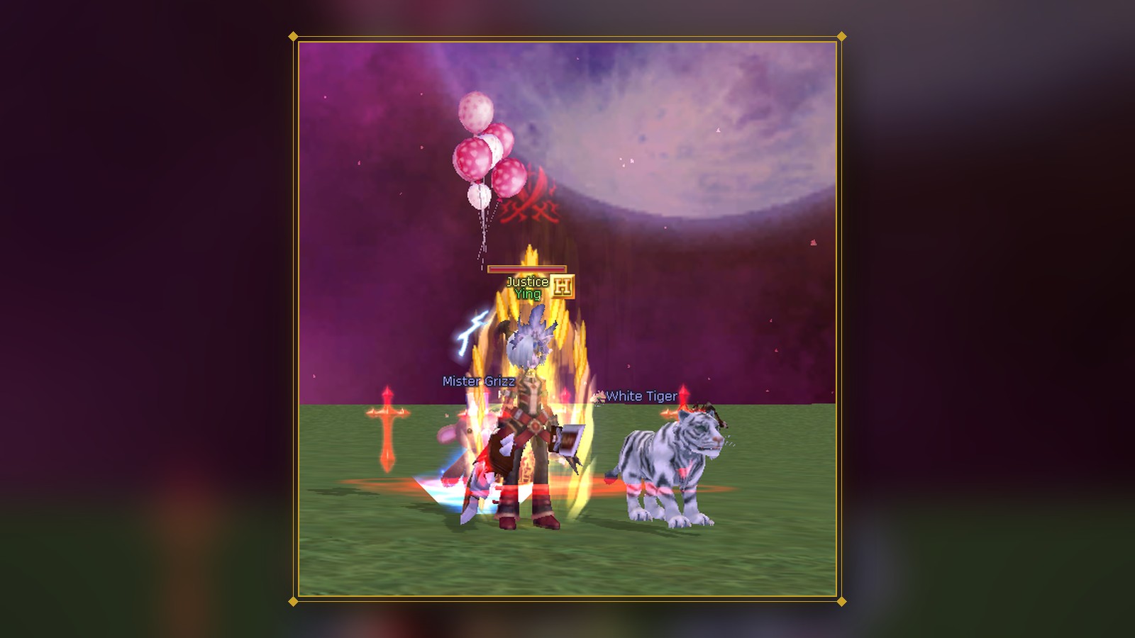 Ying mit dem Titel Justice in lodernder Aura, mit Ballons, Mister Grizz und einem White Tiger an der Seite